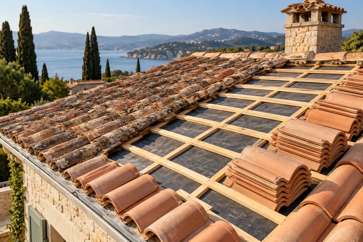 Toiture en rénovation avec liteaux apparents et tuiles canal préparées pour la pose